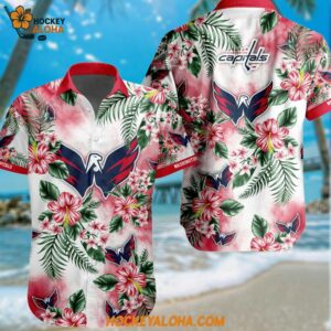 Washington Capitals Hockey Tropical Flower Hawaiian Design Button Shirt