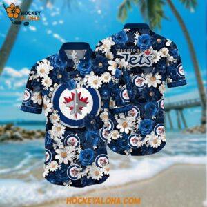 Winnipeg Jets Hawaiian Shirt Tropical Begonia Flower Pattern Summer Hawaiian Shirt
