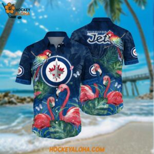 Winnipeg Jets Hawaiian Shirt Tropical Parrot And Flamingo Motifs Summer Hawaiian Shirt