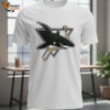 San Jose Sharks Logo Biting Hockey Stick Triangle Graphic Sports Shirt 1